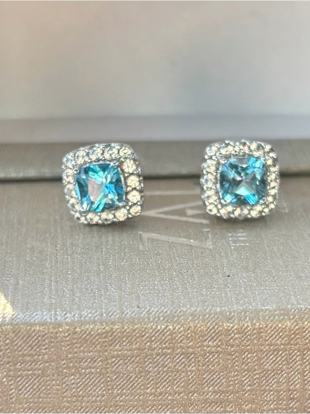 Zales Blue Halo Square Blue Topaz Stud Earrings